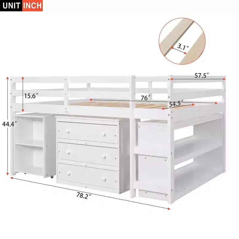 Lit bas mezzanine pleine grandeur avec bureau roulant, 3 tiroirs et étagères