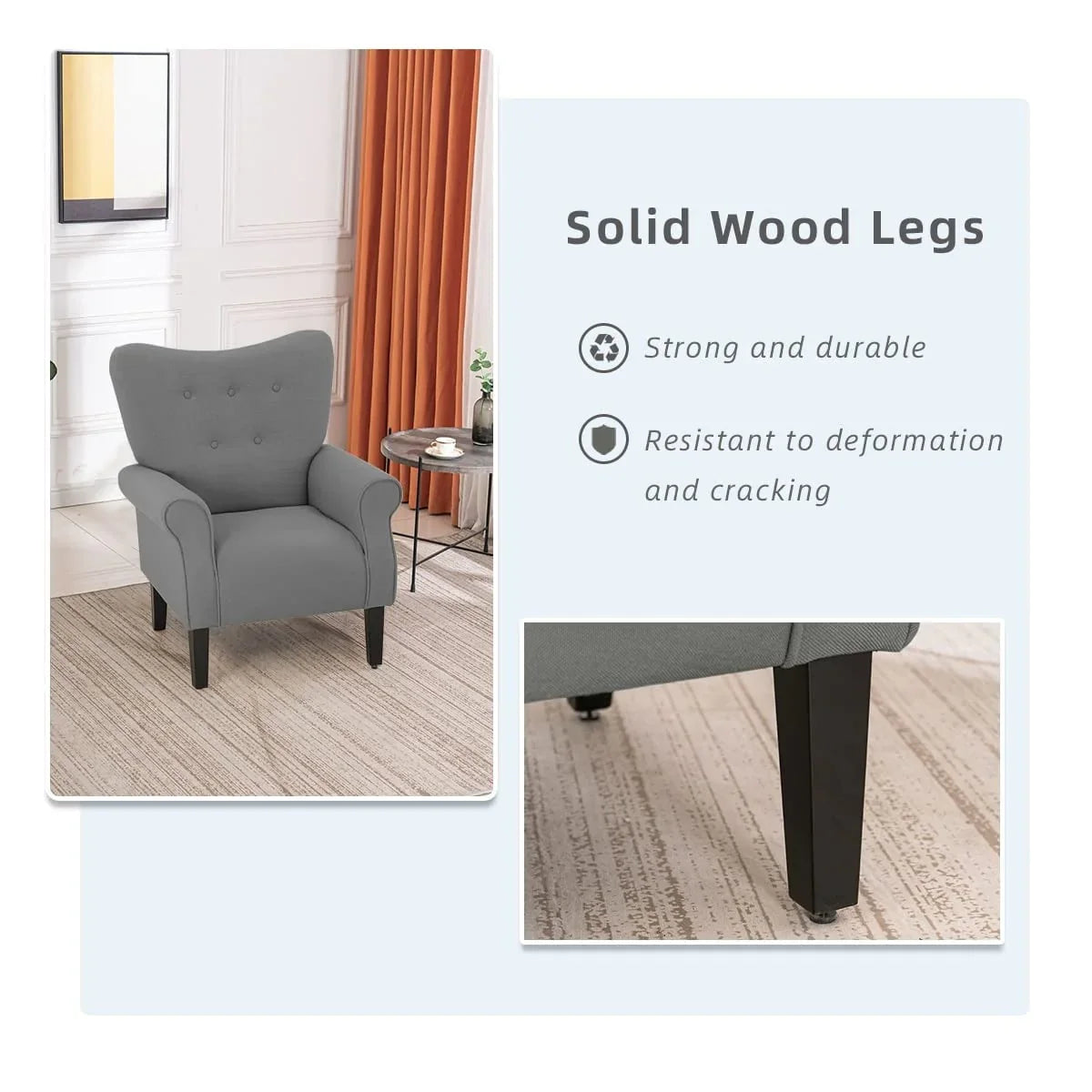 Fauteuil d'appoint moderne Erommy, fauteuil à dossier haut, canapé simple en tissu rembourré avec boutons et pieds en bois pour salon
