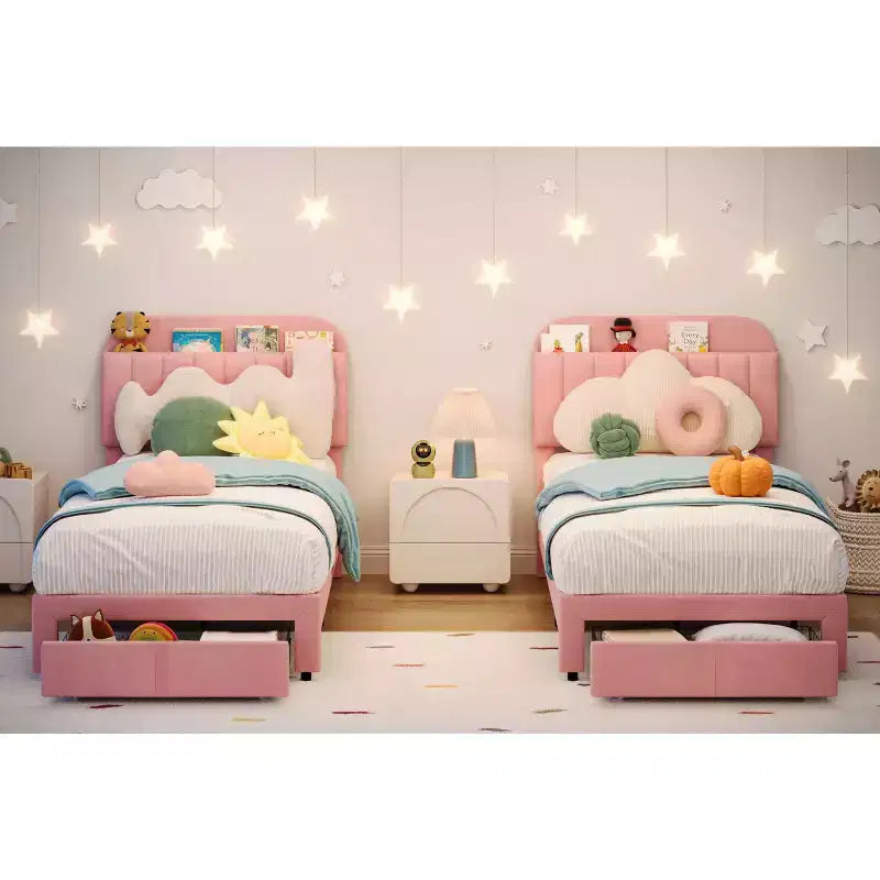 Lot de 2 sommiers de lit jumeaux avec tiroirs de rangement et tête de lit, en velours, profil bas, silencieux, montage facile Rose