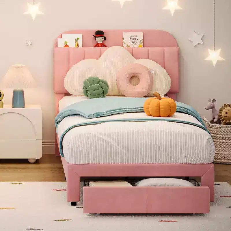 Lot de 2 sommiers de lit jumeaux avec tiroirs de rangement et tête de lit, en velours, profil bas, silencieux, montage facile Rose