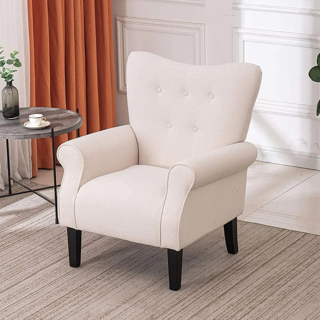 Fauteuil d'appoint moderne Erommy, fauteuil à dossier haut, canapé simple en tissu rembourré avec boutons et pieds en bois pour salon