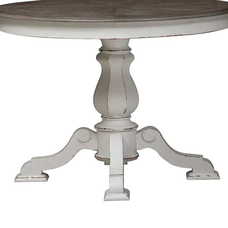 Table à dîner ronde sur pied Magnolia Manor avec rallonges escamotables - 2 finitions