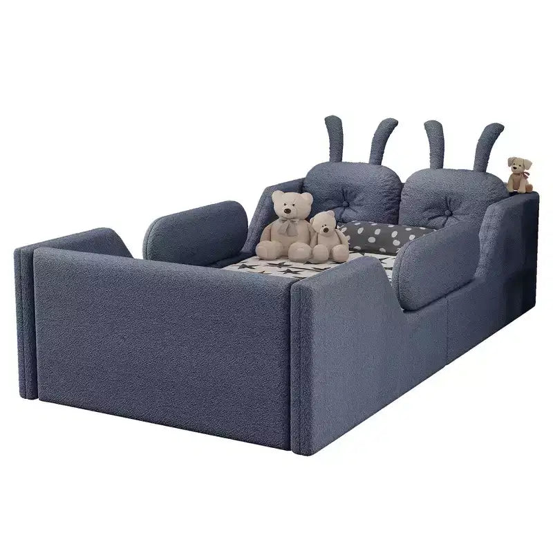 Lit plateforme double Whisen, cadre de lit rembourré pour enfants avec coussin lapin, barrières latérales amovibles
