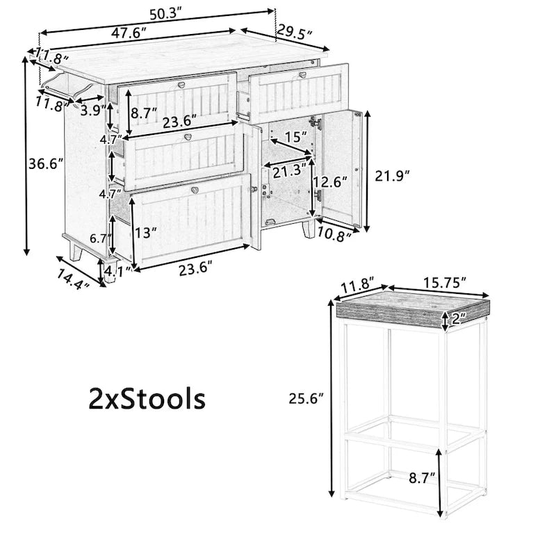 Ensemble d'îlot de cuisine TOPMAX avec abattant et 2 tabourets, ensemble de table à manger avec étagère réglable, tiroirs et porte-serviettes