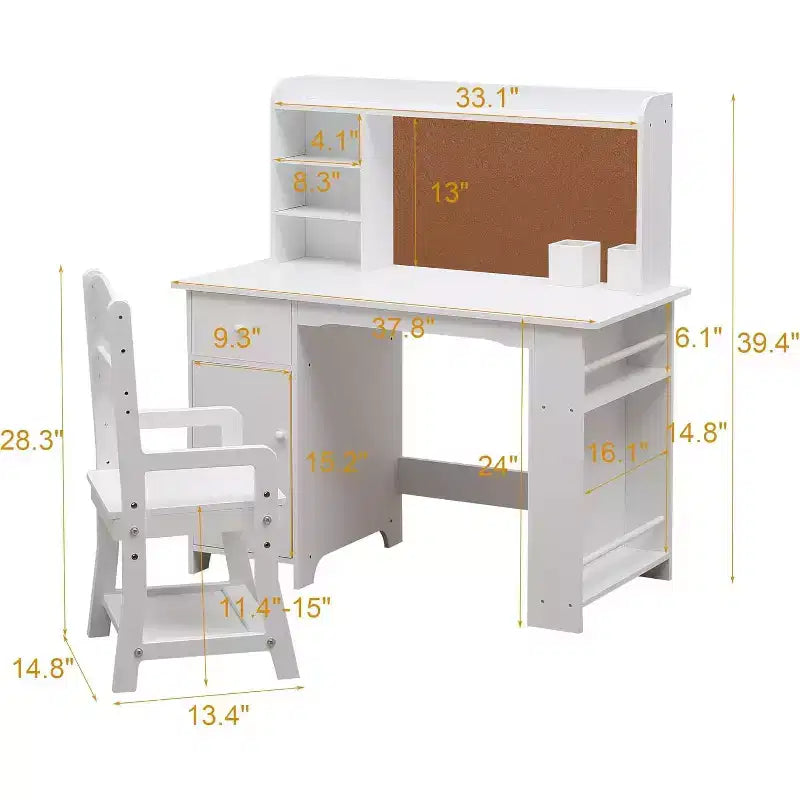 Bureau pour enfants, ensemble bureau et chaise pour garçons et filles, table d'écriture en bois pour enfants avec étagère, tableau d'affichage, armoire et tiroir pour les 3-8 ans