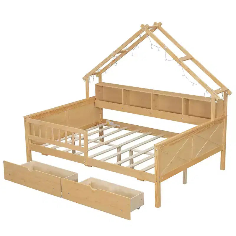 Cadre de lit maison pleine grandeur avec tiroirs, lit plate-forme maison avec lumières LED, étagères de rangement et tiroirs, lit de repos en bois avec toit et garde-corps