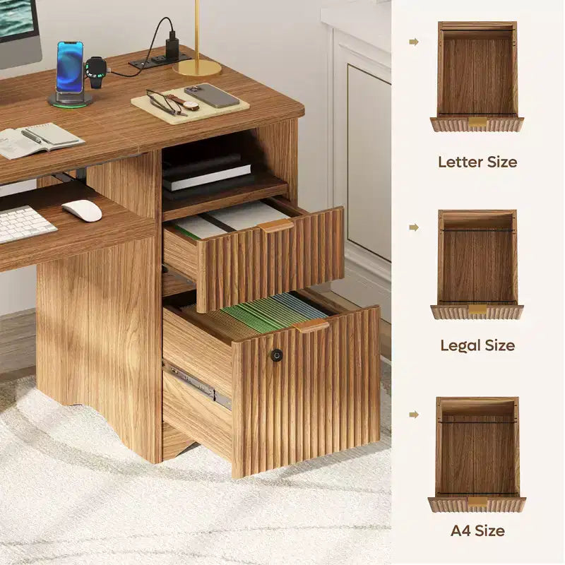 Bureau d'ordinateur intelligent Bestier 55, bureau en chêne avec tiroirs de classement et prise de courant, bureau de direction avec rangement ouvert et tiroir à clavier