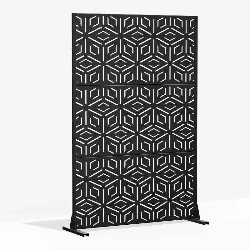 Paravent à 3 panneaux avec motif géométrique – Acier galvanisé noir