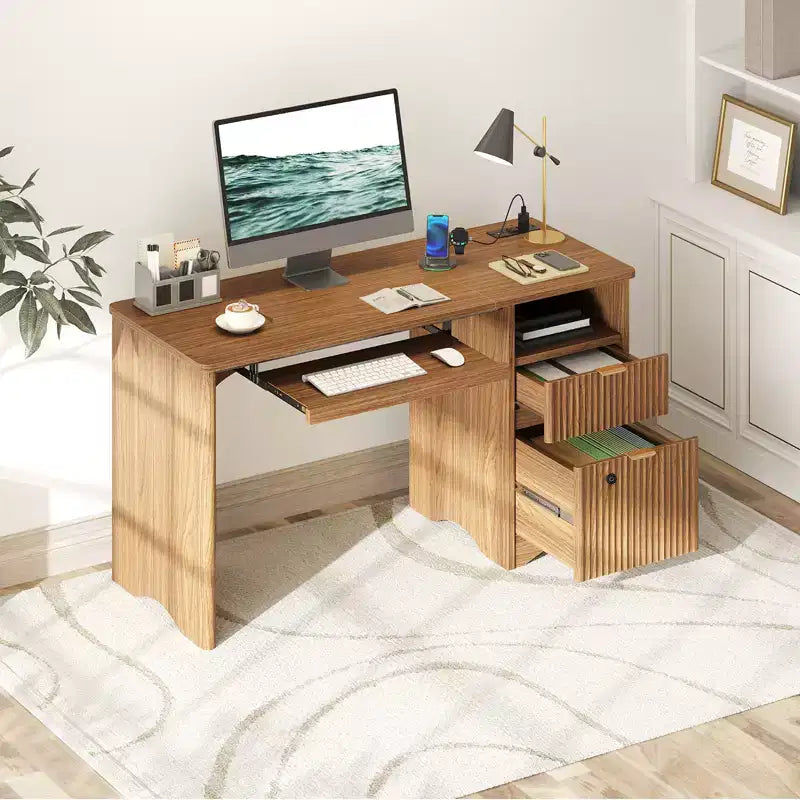 Bureau d'ordinateur intelligent Bestier 55, bureau en chêne avec tiroirs de classement et prise de courant, bureau de direction avec rangement ouvert et tiroir à clavier