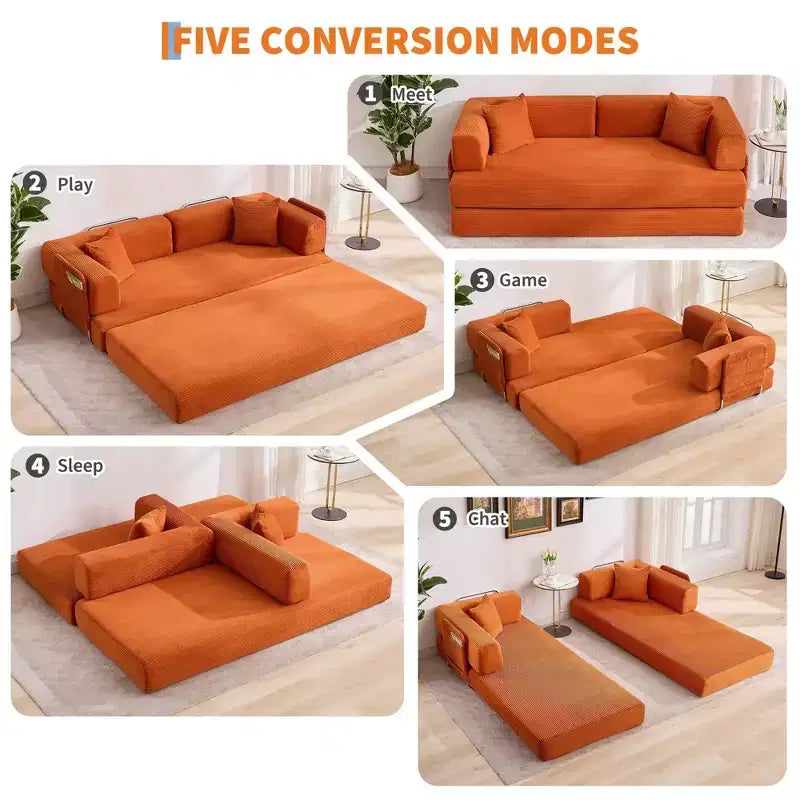 Canapé convertible, matelas pliant 5-en-1 de 78,8 po, cadre en acier à forme fixe, velours côtelé avec oreillers