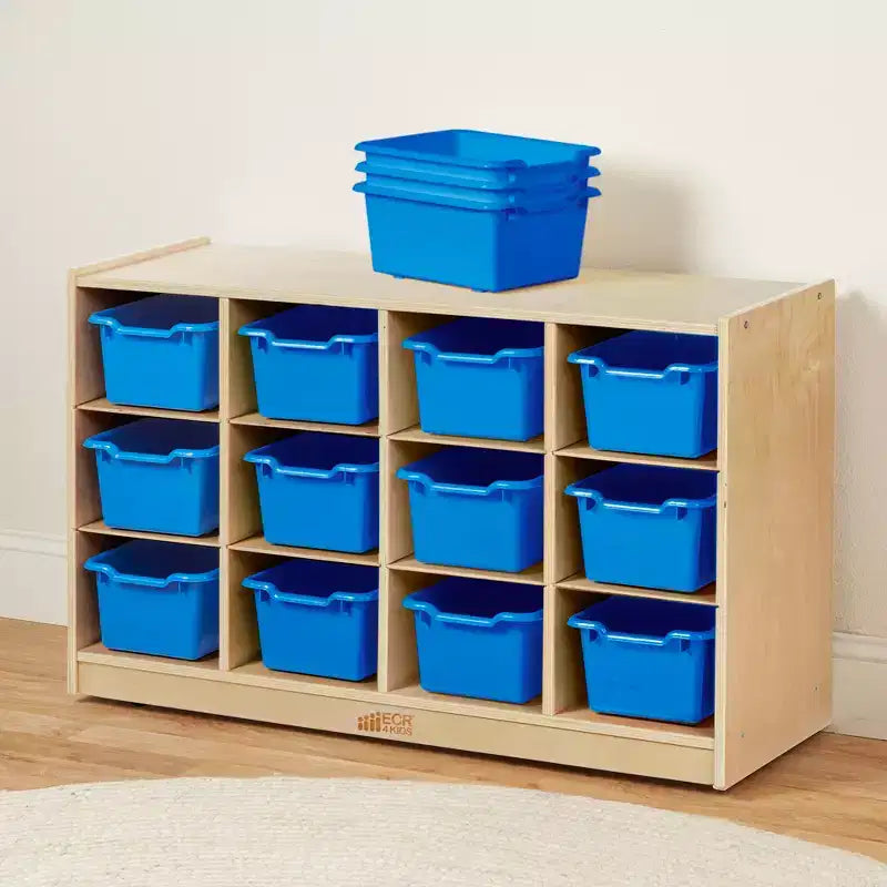 Meuble de rangement à roulettes Cubby avec 15 bacs à ouverture frontale, 3x4, Meuble pour enfants