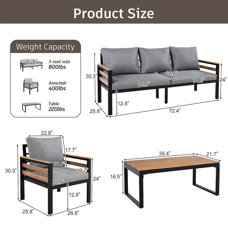 Ensemble de canapés d'extérieur 4 pièces pour 5 personnes avec table basse en bois massif et coussins amovibles