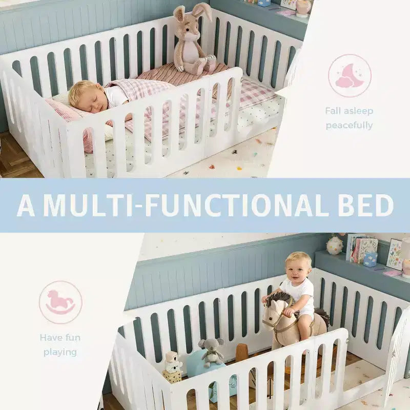 Lit Montessori simple blanc avec barrières et porte – Bois massif, 1 enfant
