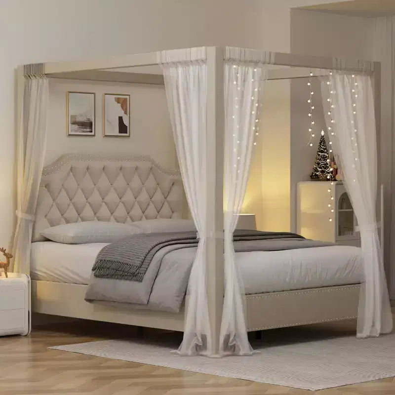 Cadre de lit à baldaquin Queen Size avec 4 poteaux, supports d'angle, sommier à lattes en bois massif, pas besoin de sommier tapissier, sans bruit