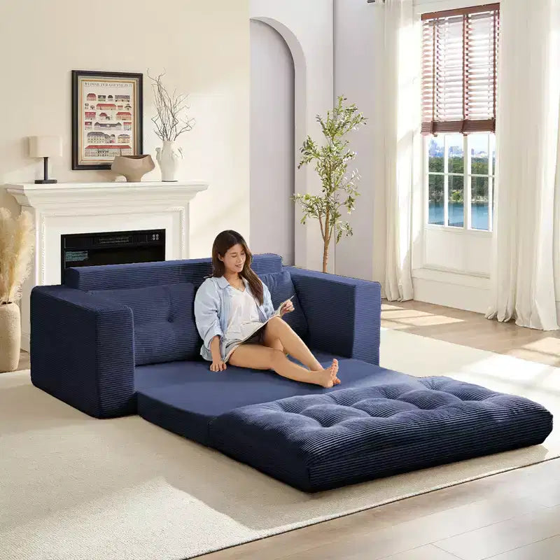 Mjkone Canapé-Lit Futon Convertible 2-en-1 180 cm, Canapé Deux Places Pliable en Tissu Côtelé avec Boutons Touffetés, Idéal pour Petits Espaces