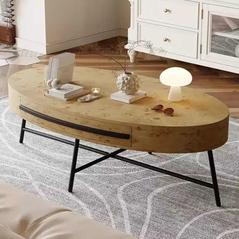 Table basse ovale Acekool avec tiroir, table de rangement en bois 120 cm avec pieds en métal croisés, table basse de style moderne du milieu du siècle en saule naturel et doré