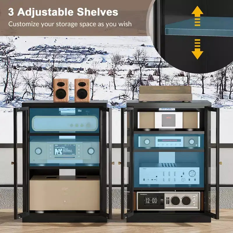 Meuble de rangement pour médias Bekrvio Metal, meuble stéréo à 4 niveaux avec portes en verre et étagères réglables, support audio AV avec gestion des câbles