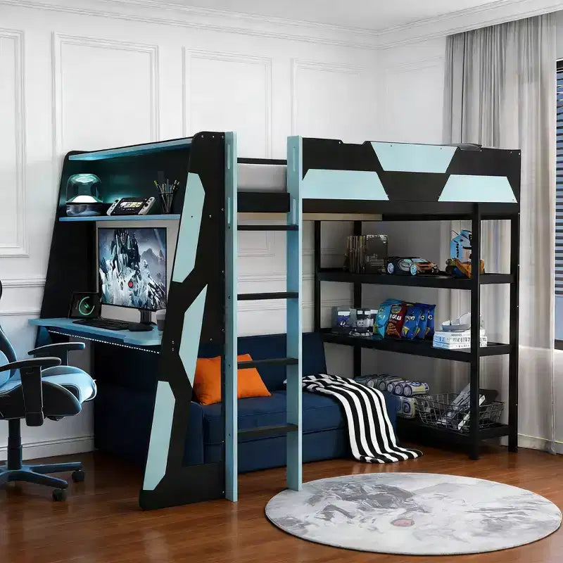 Lit mezzanine gaming complet Luxystar avec bureau, étagères de rangement et lumières