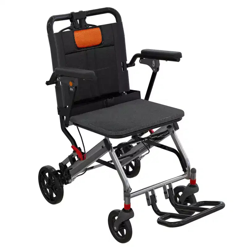 Fauteuil roulant de transport ultra-léger pour personnes âgées, fauteuil de transport pliable et portable, avec frein à main verrouillable et accoudoirs escamotables amovibles