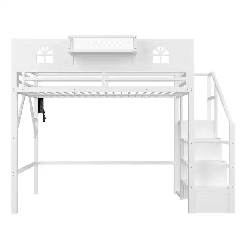 Lit mezzanine ModernLuxe double/grand format avec escalier et armoire intégrée, cadre de lit en métal avec lumières LED, station de charge USB et étagères de rangement