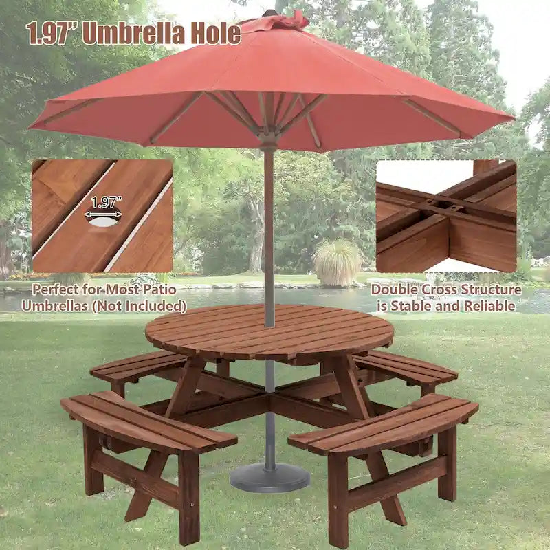Ensemble de salle à manger rond en bois de sapin pour patio extérieur 8 personnes avec 4 bancs intégrés et trou pour parasol