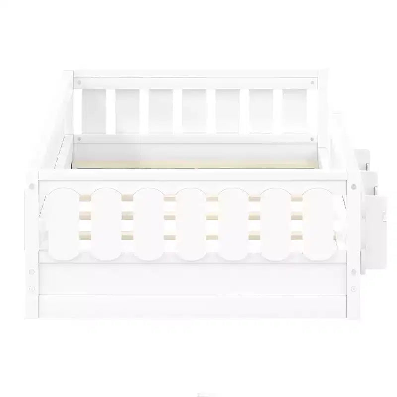 Cadre de lit plateforme pour enfant, tailles jumeau et double, avec barrière de sécurité, étagères intégrées et rangements