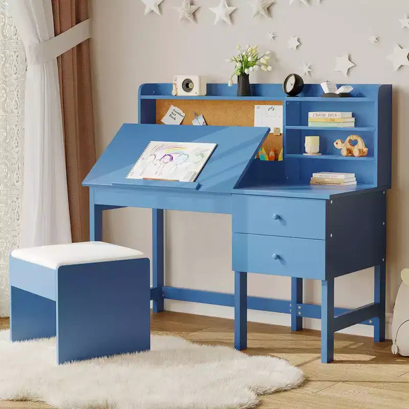 Ensemble bureau et chaise pour enfants, table d'étude en bois avec plateau inclinable réglable, tiroirs et tableau en liège - Ensemble de bureau scolaire pour enfants