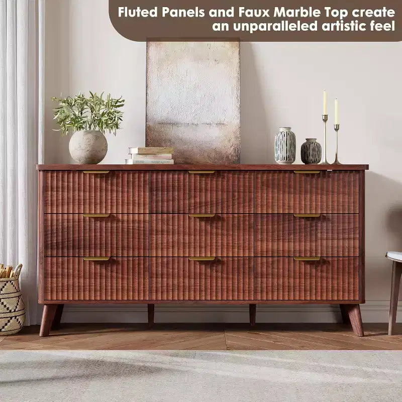 Commode cannelée à 9 tiroirs, commode moderne, meuble TV en bois, design à profil incurvé, pour salon, couloir
