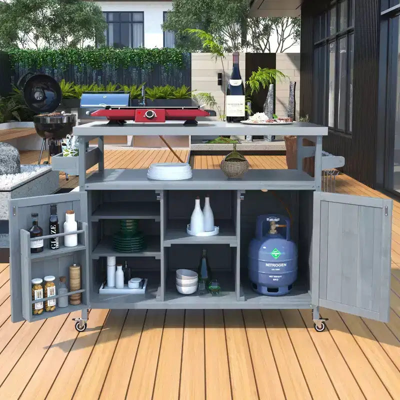 Îlot de cuisine d'extérieur Okak avec plateau en acier inoxydable, chariot de cuisine en bois avec portes, étagères et porte-épices, îlot de cuisine roulant