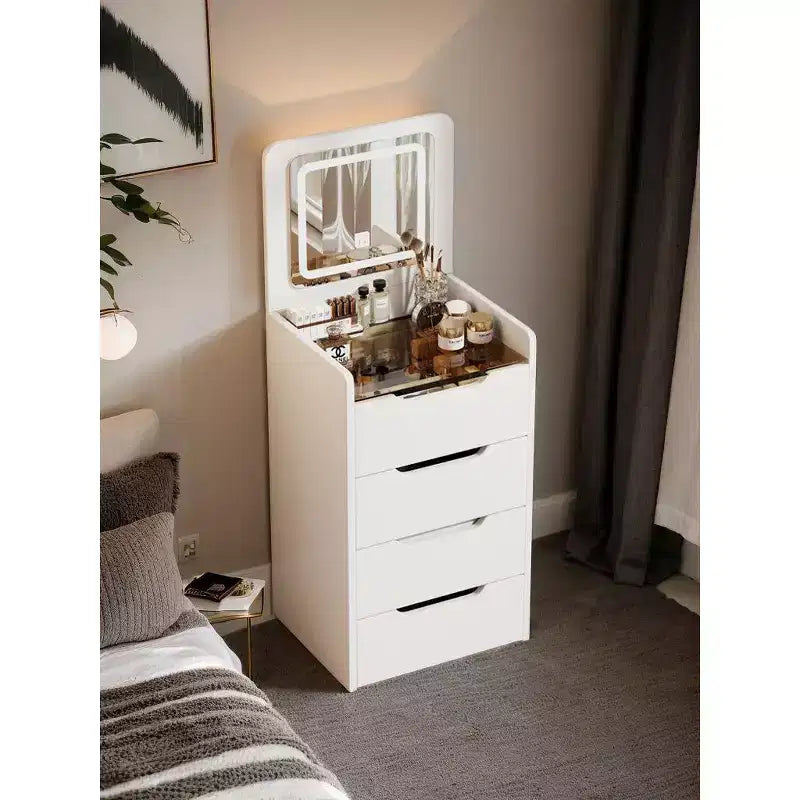 Coiffeuse 3-en-1 Okak avec miroir rabattable, coiffeuse compacte avec plateau en verre visible et tabouret rembourré, coiffeuse pour chambre à coucher