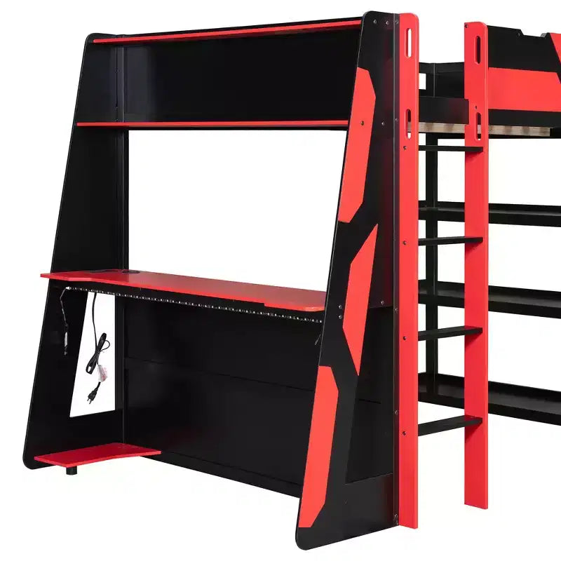 Lit mezzanine gaming complet Luxystar avec bureau, étagères de rangement et lumières
