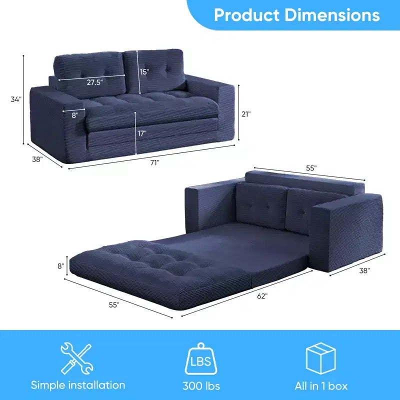 Mjkone Canapé-Lit Futon Convertible 2-en-1 180 cm, Canapé Deux Places Pliable en Tissu Côtelé avec Boutons Touffetés, Idéal pour Petits Espaces