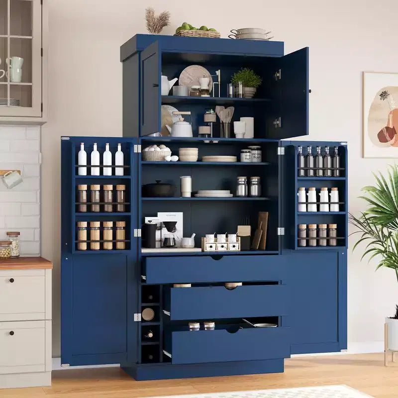 Garde-manger de cuisine autoportant 77H, armoire de rangement de style ferme avec étagères réglables, étagères de porte, tiroirs et casiers à vin - ModernLuxe