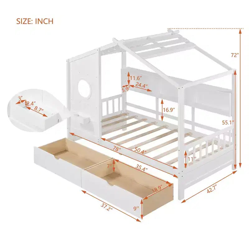 Lit cabane en bois double/complet avec 2 tiroirs, lit pour enfants avec étagère de rangement - ModernLuxe