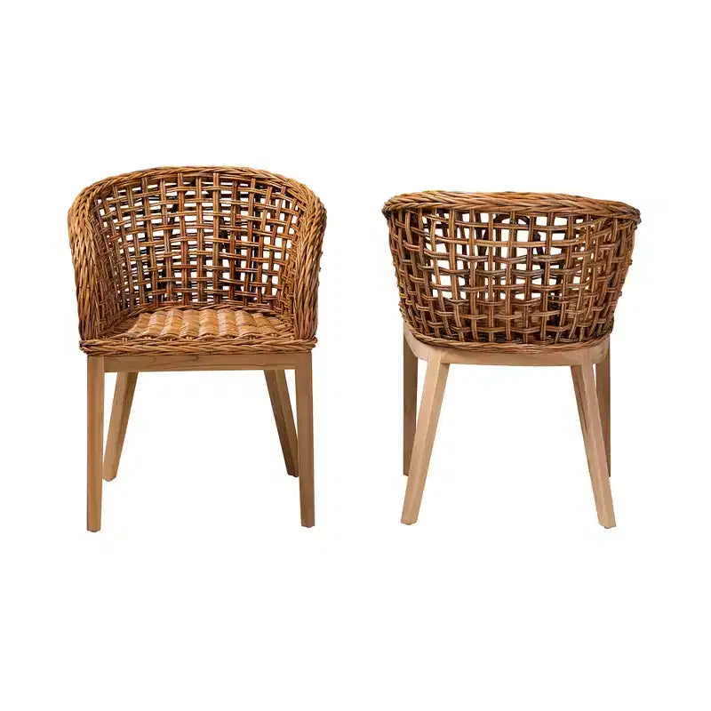 bali & pari Mario Ensemble de 2 chaises de salle à manger modernes de style bohème en teck et rotin, finition marron naturel