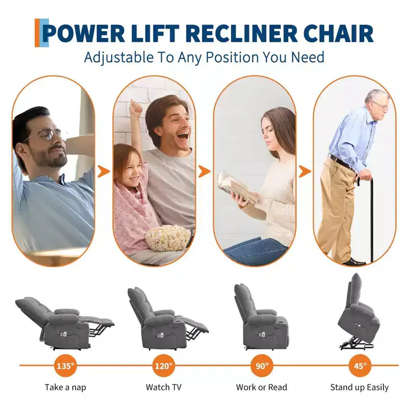 Fauteuil inclinable releveur électrique pour personnes âgées avec fonctions massage et chauffage, inclinable surdimensionné avec fonctions massage et chauffage, revêtement doux et rembourré, poche latérale et porte-gobelets