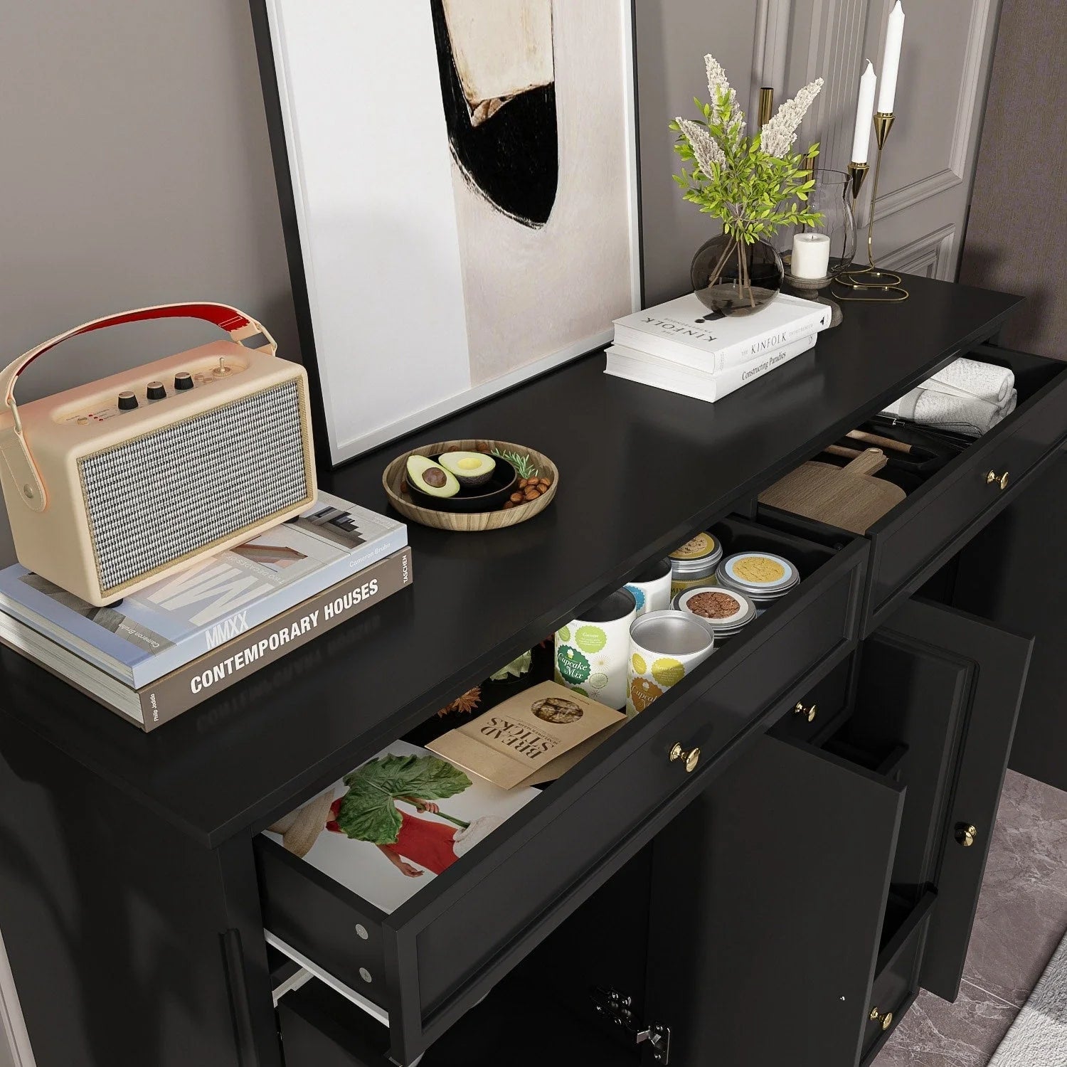 Buffet bahut 150 cm blanc laqué moderne contemporain du milieu du siècle