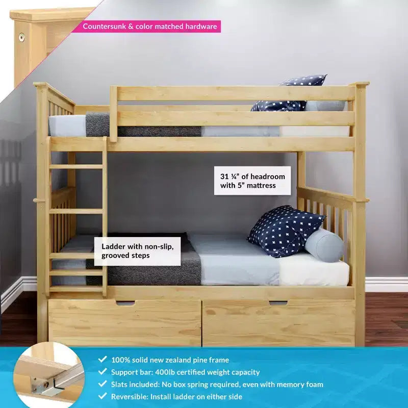 Lit superposé en bois massif pour enfants avec tiroirs de rangement