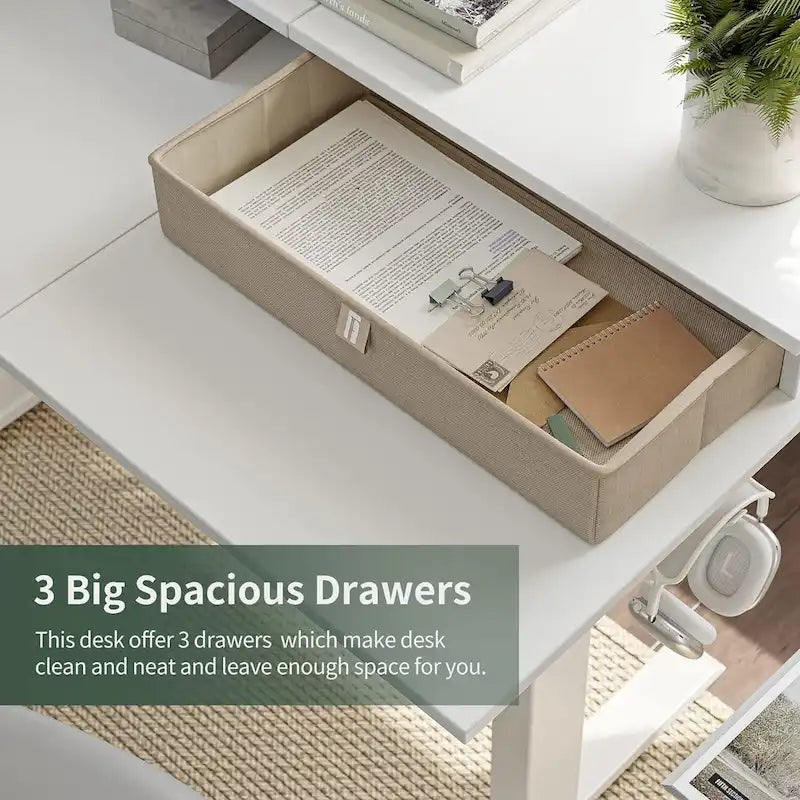 Bureau d'angle électrique debout avec 3 tiroirs et roulettes verrouillables, 160