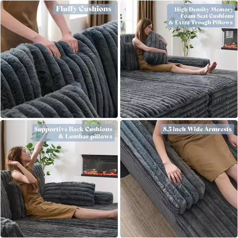 AMERLIFE Canapé double méridienne 93 po pour deux, canapé nuage avec assise profonde, coussins lombaires et accoudoirs larges, assemblage facile, fausse fourrure