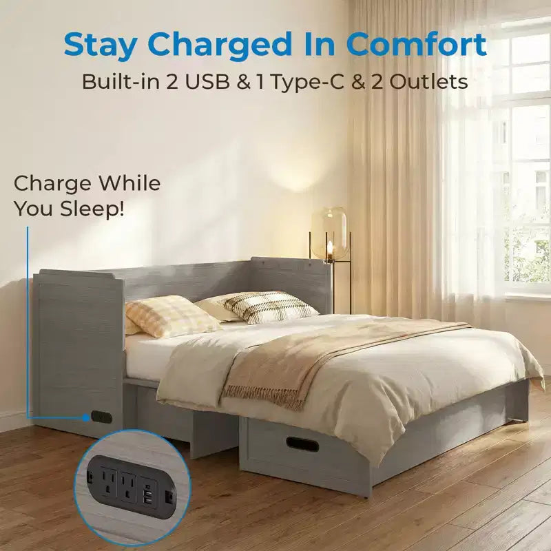 Lit escamotable convertible Queen Size Mjkone avec matelas, chargement USB, tiroirs de rangement