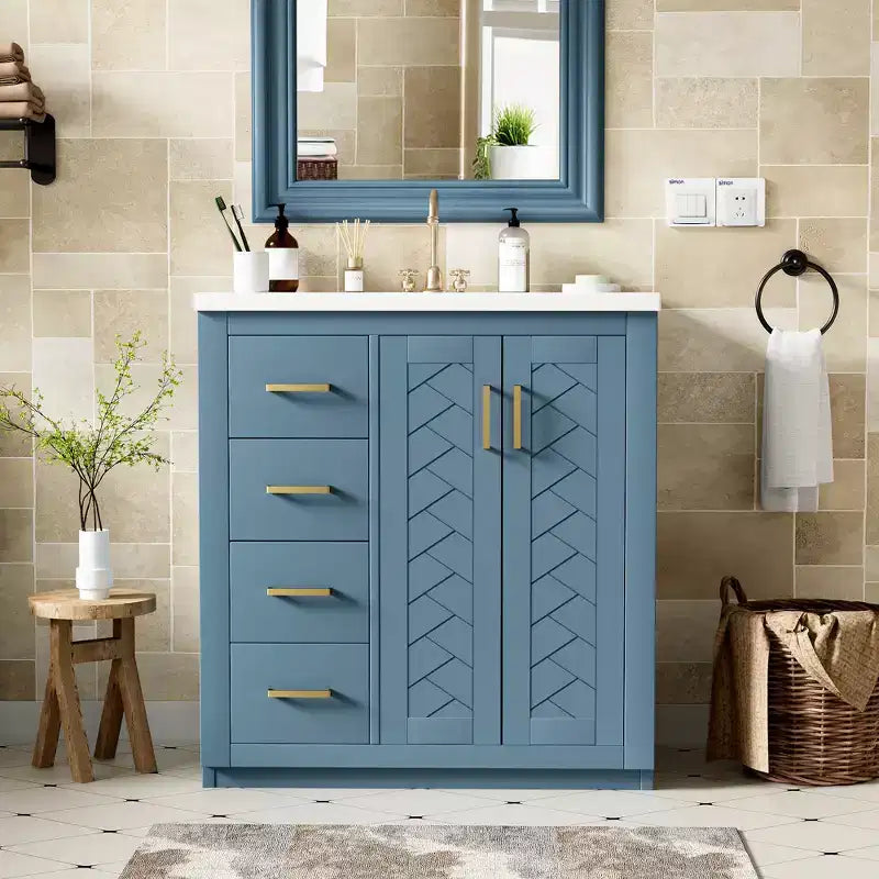 Meuble-lavabo de salle de bain 30 po avec armoire et 3 tiroirs – Noir / Bleu / Vert / Indigo / Blanc