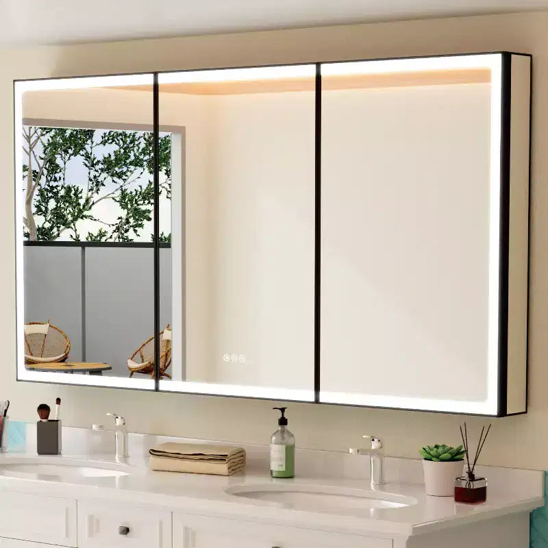 Armoire de toilette avec miroir LED, montage en saillie ou encastré, lumière dimmable, anti-buée, étagères réglables