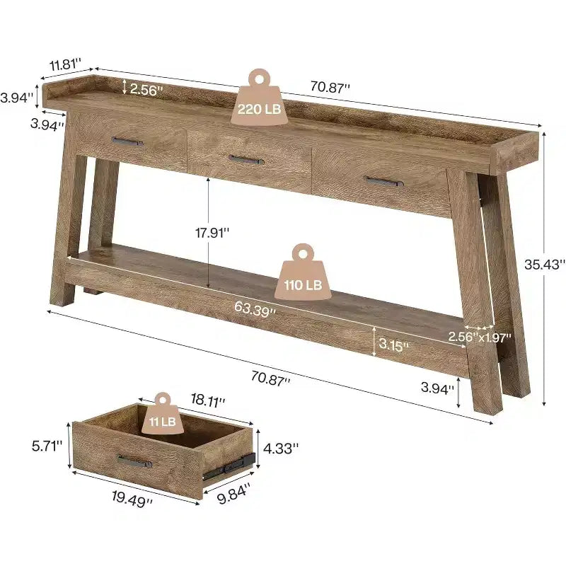Table de canapé à 2 niveaux Lantine avec 3 tiroirs, console de 180 cm avec chicane surélevée et étagères de rangement pour salon, couloir, entrée