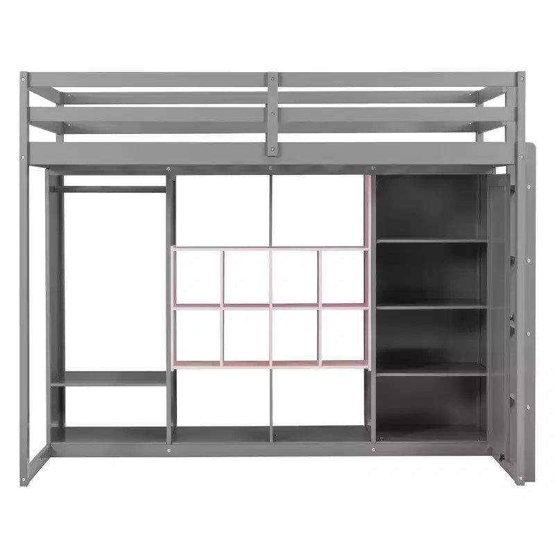 Lit mezzanine enfant avec armoire et étagères, Cadre de lit mezzanine en bois avec meuble de rangement pour enfants et adolescents