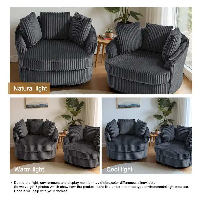 Lot de 2 fauteuils pivotants ronds surdimensionnés en velours côtelé moelleux de 43 po de large avec oreillers