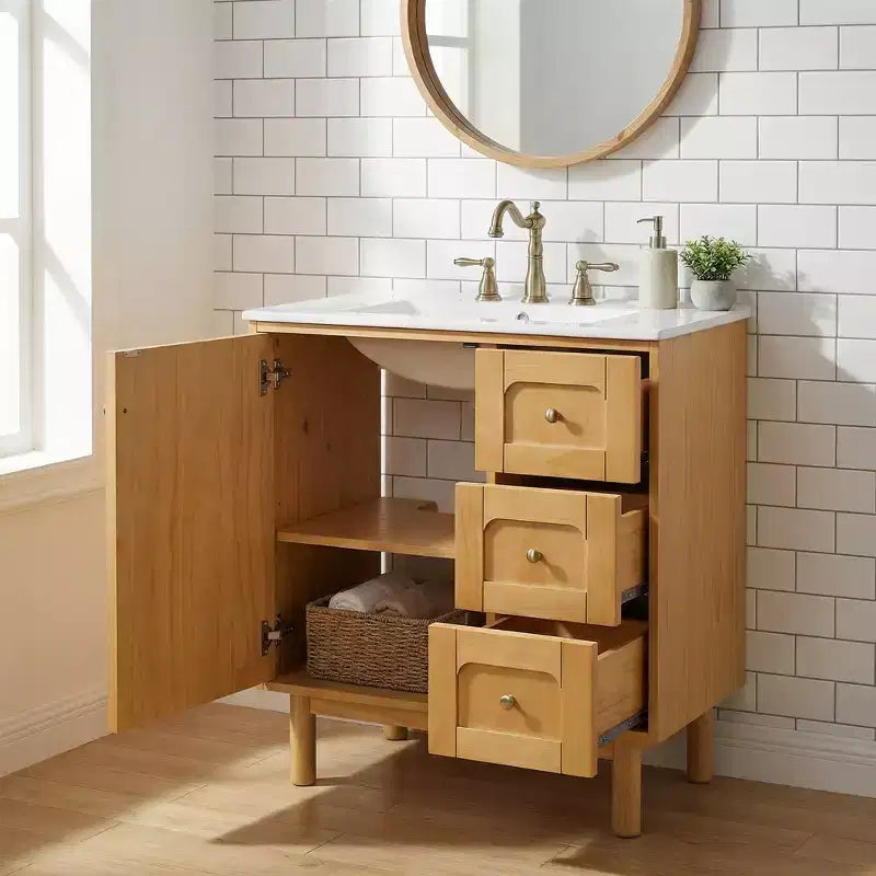 JVNOXK Meuble sous-vasque rustique moderne en céramique de 30 pouces avec 3 tiroirs et 1 grande porte à fermeture douce, meuble de rangement, grain de bois naturel
