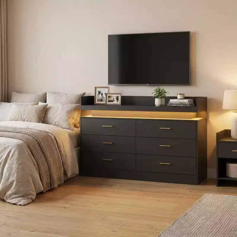 Meuble TV moderne avec 6 tiroirs et lumières LED, bar à café flottant pour centre de divertissement de salon