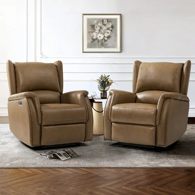 Fauteuil inclinable électrique en cuir véritable avec port USB – Dossier à oreilles clouté, ensemble de 2