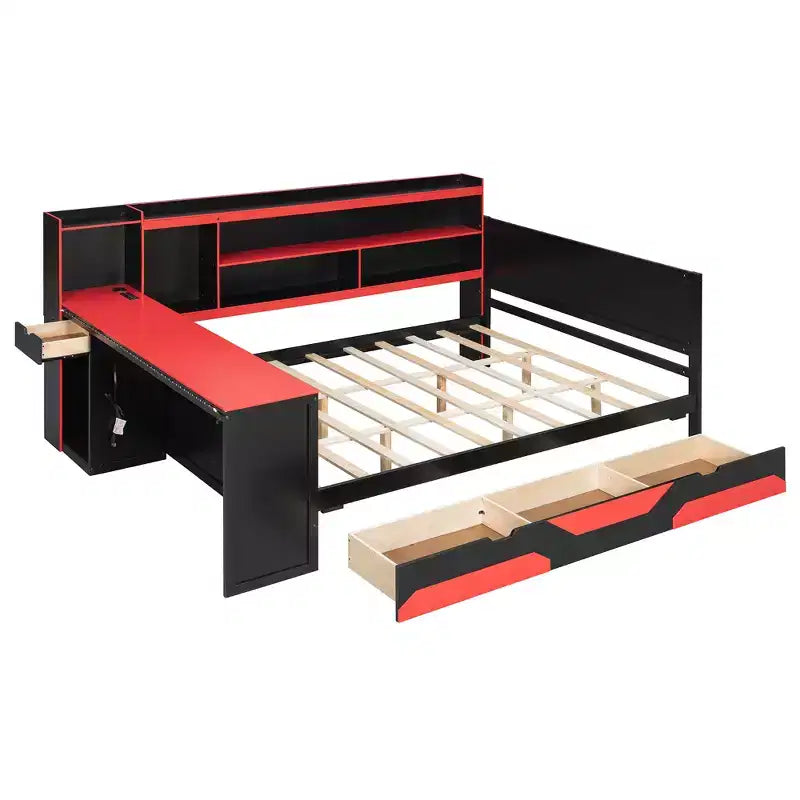 Lit de repos Gamer Hub avec bureau, lumières RGB, station de recharge, tiroirs de rangement et tête de lit bibliothèque